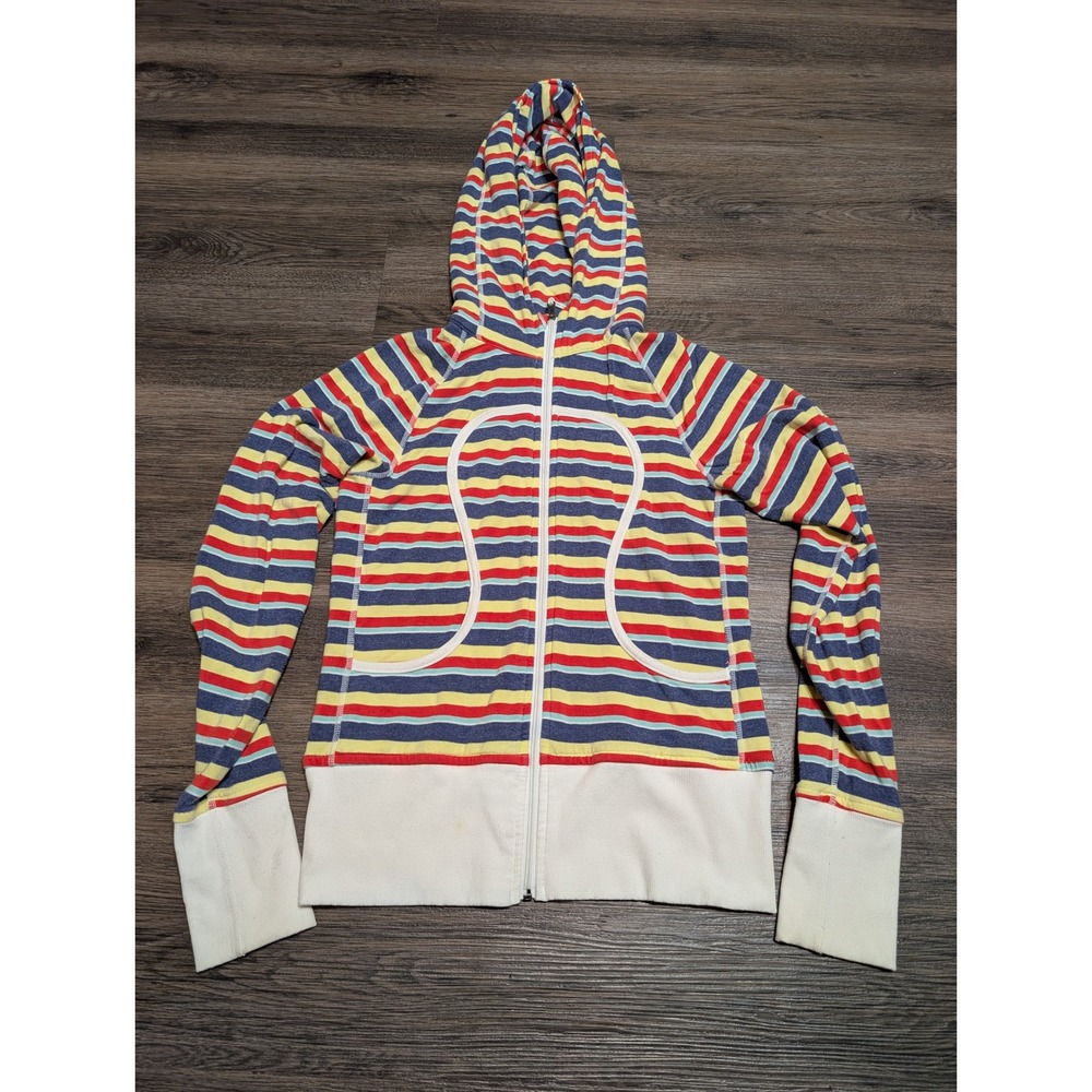 Lululemon Scuba Full Zip Hoodie Womens 4 Rainbow Stripe Navy Red Yellow Retro